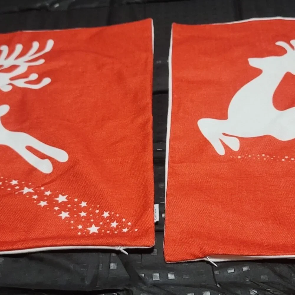 2 Vtg Style Red White Christmas Pillow Cover Screen Print Reindeer Appx 19x19